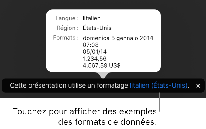 La notification du réglage de langue et de région différents, qui affiche des exemples de la mise en forme correspondant à cette langue et à cette région.