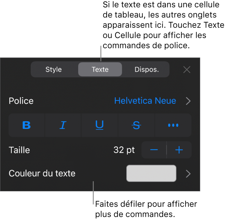 Commandes de texte du menu Format permettant de définir les styles, la police, la taille et la couleur des paragraphes et des caractères.