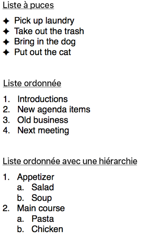 Exemples de listes à puces, ordonnées et hiérarchiques.