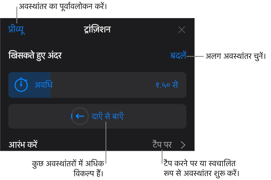 ट्रांज़िशन को संशोधित करने के दौरान विकल्प पेन के नियंत्रण।