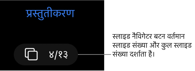 स्लाइड नेविगेटर बटन 13 में से 4 प्रदर्शित कर रहा है, जो स्लाइड कैनवास के शीर्ष-बाएँ कोने के पास प्रेज़ेंटेशन के नीचे स्थित होता है।