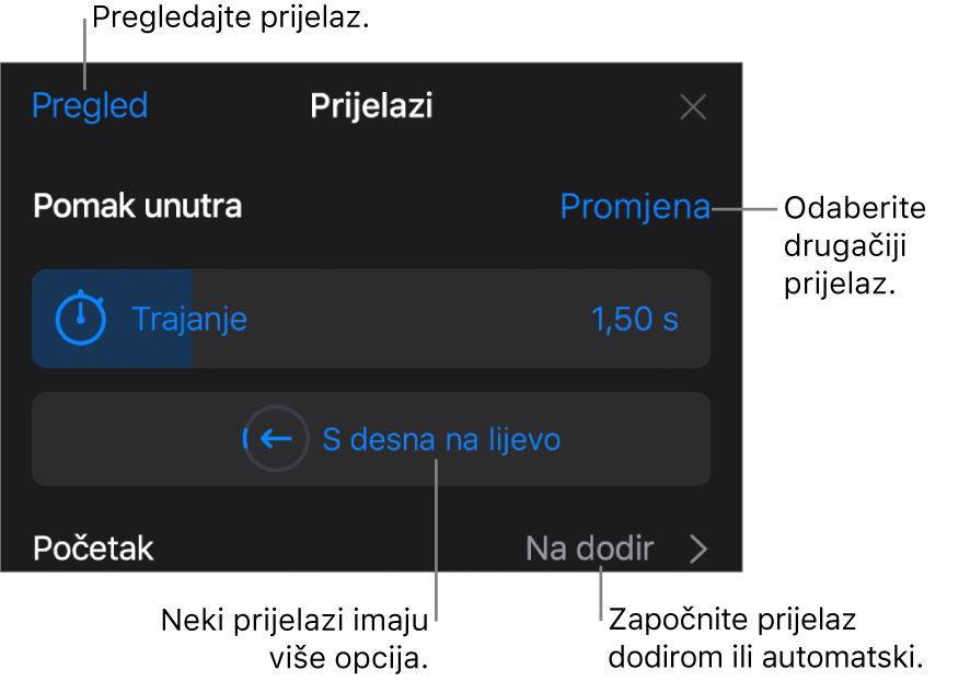 Kontrole u prozoru Opcije za izmjenu prijelaza