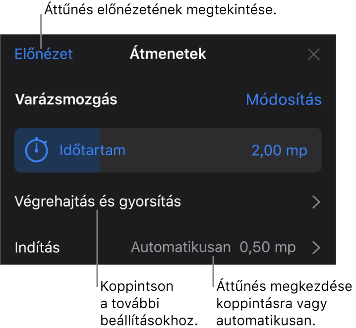 A Varázsmozgás vezérlői az Áttűnések panelen.