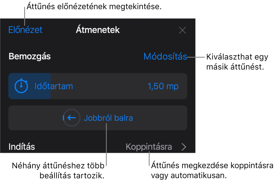 Az áttűnés módosítására szolgáló vezérlők az Opciók panelen.