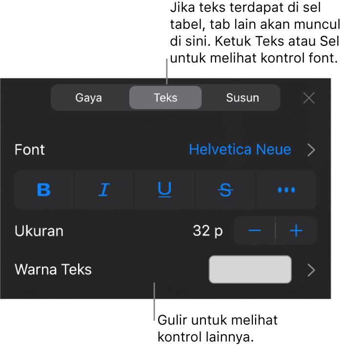 Kontrol teks di menu Format untuk mengatur paragraf dan gaya karakter, font, ukuran, dan warna.