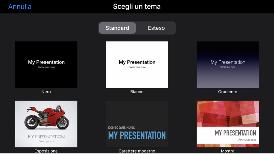 “Scelta temi” che mostra i temi predefiniti che puoi usare per iniziare a creare presentazioni.