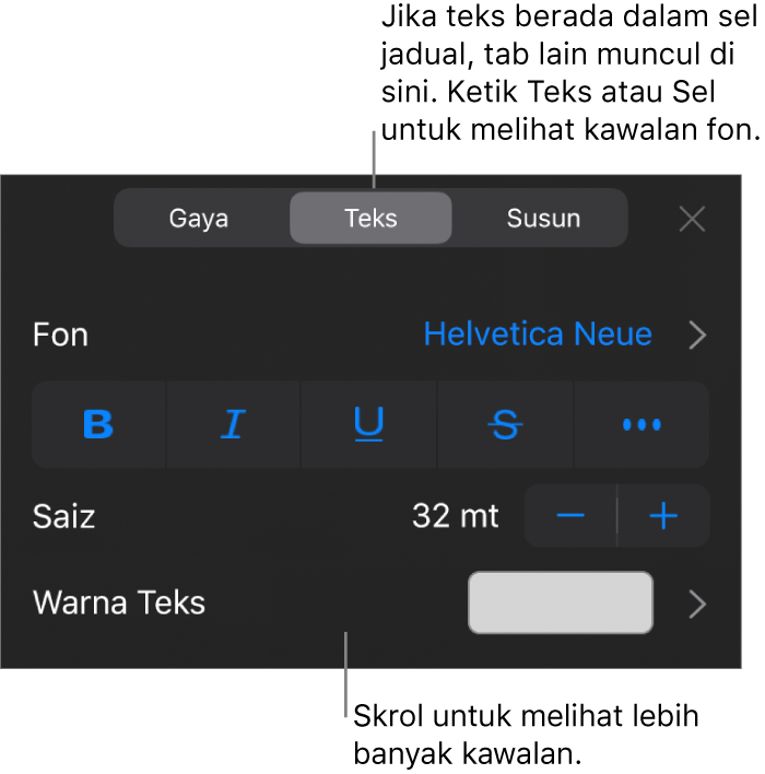 Kawalan teks dalam menu Format untuk mengesetkan perenggan dan gaya, fon, saiz dan warna aksara.