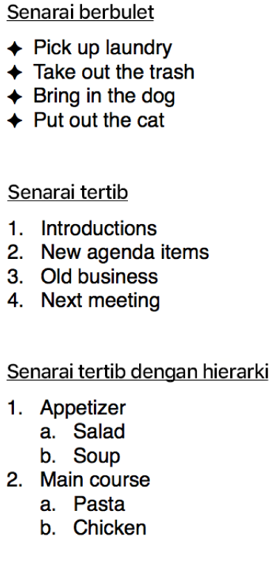 Contoh senarai berbulet, tersusun dan berhierarki.