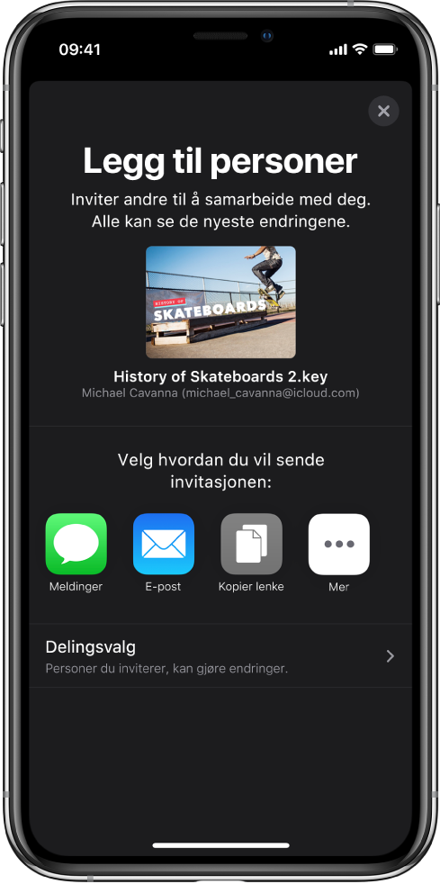 Legg til personer-skjermen som viser et bilde av presentasjonen som skal deles. Nedenfor er knapper for ulike måter å sende invitasjonen på, blant annet Meldinger og Mail, Kopier kobling og Mer. Delingsvalg-knappen er nederst.