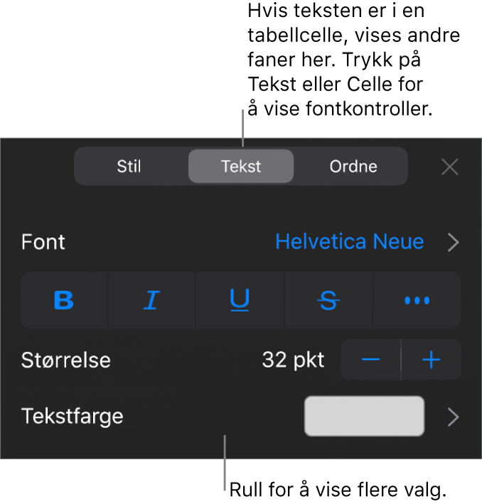 Tekstkontroller i Format-menyen for å angi avsnitts- og tegnstiler, font, størrelse og farge.