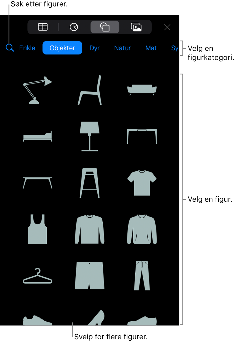 Figurbiblioteket, som viser kategorier øverst og figurer nedenfor. Du kan bruke søkefeltet øverst til å finne figurer, og du kan sveipe for å se flere.