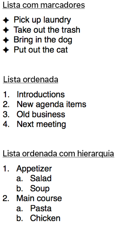 Exemplos de listas com marcadores, ordenadas e hierárquicas.