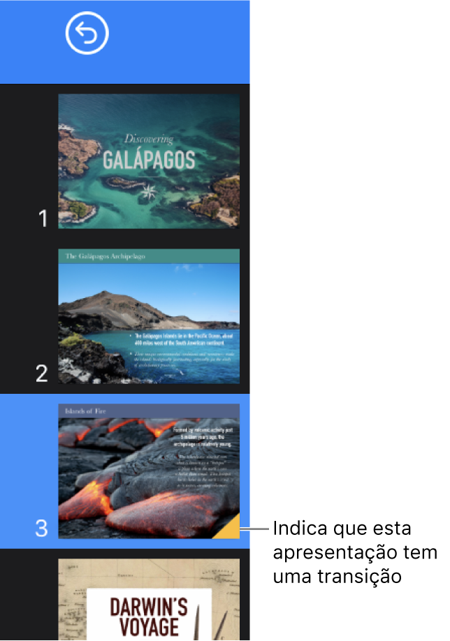 Um triângulo amarelo sobre um diapositivo indica que o diapositivo tem uma transição.