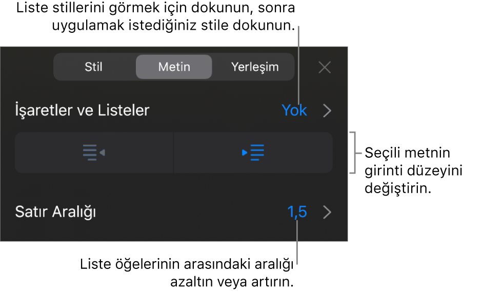 Madde İşaretleri ve Listeler, çıkıntı ve girinti düğmeleri ve de satır aralığı denetimlerini gösteren belirtme çizgileri ile Biçim denetimlerinin Madde İşaretleri ve Listeler bölümü.