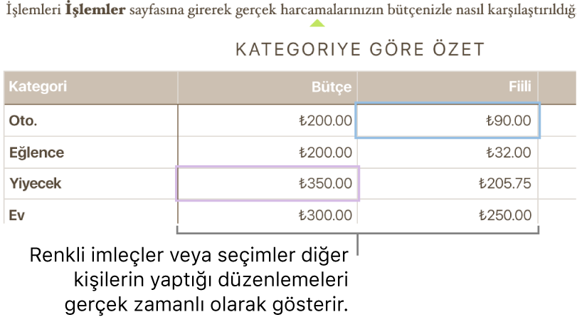 Metnin altında, farklı kişilerin nerede düzenleme yaptıklarını gösteren renkli üçgenler.