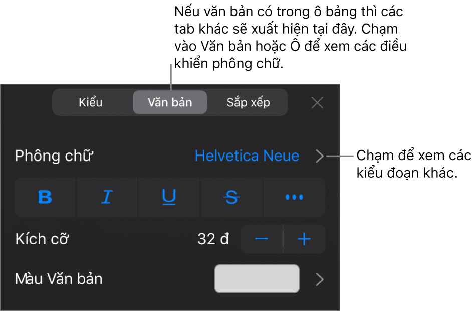 Menu Định dạng đang hiển thị các điều khiển văn bản để đặt kiểu, phông chữ, kích cỡ và màu của đoạn và ký tự.