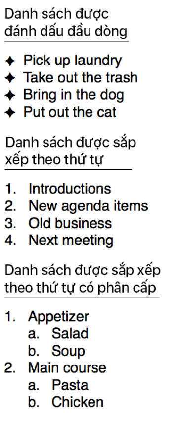 Ví dụ về danh sách có dấu đầu dòng, được sắp xếp thứ tự và phân cấp.