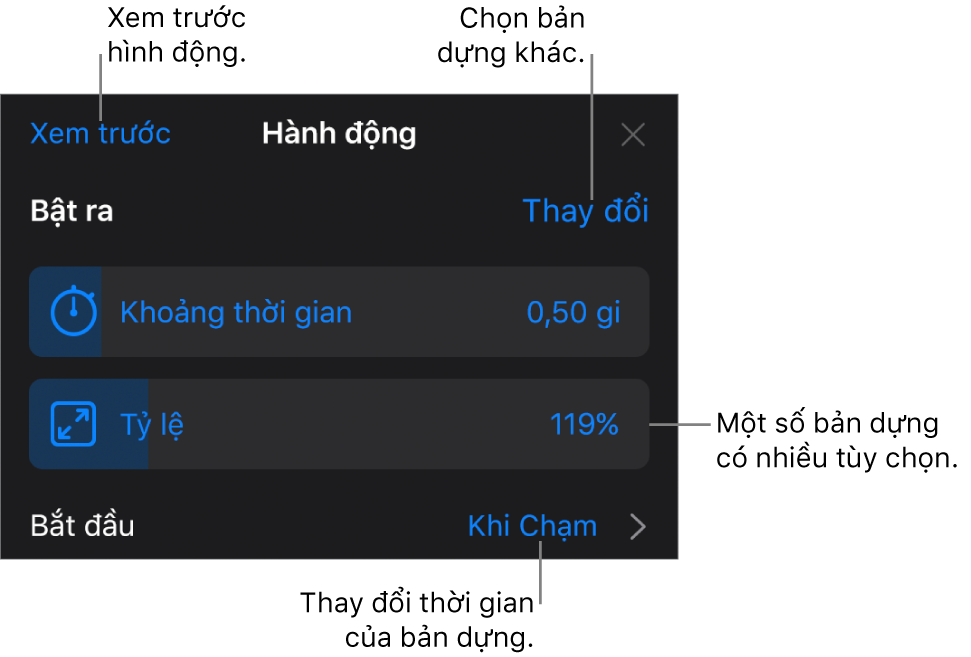 Các tùy chọn bản dựng bao gồm Thời lượng và Định thời gian bắt đầu. Chạm vào Thay đổi để chọn bản dựng khác hoặc chạm vào Xem trước để xem trước bản dựng.