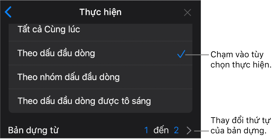 Tùy chọn Thực hiện trong khung Xuất hiện.