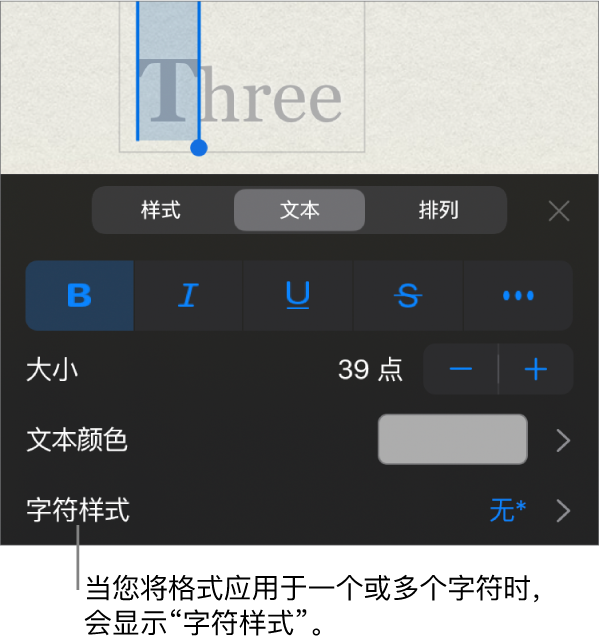 “颜色”控制下方的“文本”格式化控制和“字符样式”。带星号的字符样式“无”。