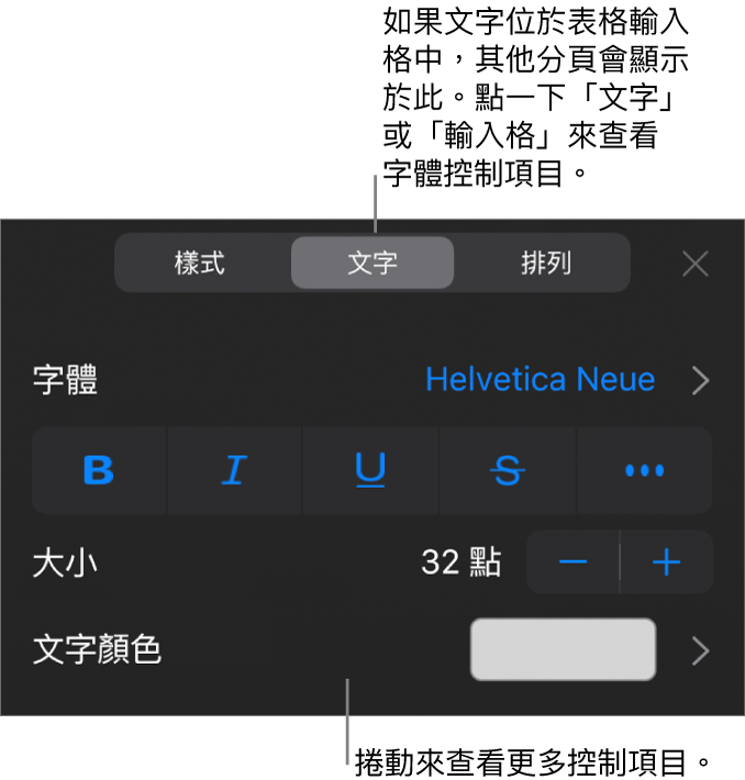 「格式」選單中設定段落及字元樣式、字體、大小和顏色的文字控制項目。