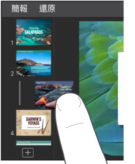 幻燈片導覽器的手指拖移幻燈片縮覽圖影像。