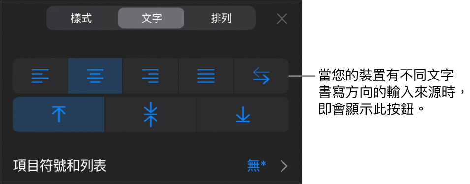 「格式」選單中的文字控制項目，說明文字位於「由右至左」按鈕。