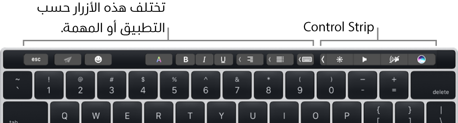 لوحة مفاتيح يظهر فيها الـ Touch Bar أعلى مفاتيح الأرقام. توجد أزرار تعديل النص جهة اليسار وفي المنتصف. يحتوي Control Strip على عناصر تحكم خاصة بالنظام للتحكم في الإضاءة ومستوى الصوت وSiri.