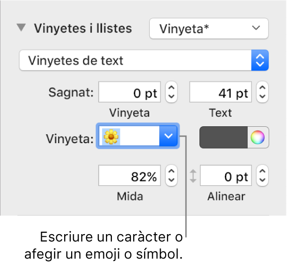 La secció “Vinyetes i llistes” de la barra lateral Format. El camp Vinyeta amb un emoji de flor.