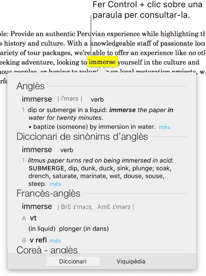 Text amb una paraula ressaltada i finestra que mostra la definició de la paraula i una entrada de tesaurus. Els dos botons a la part inferior de la finestra funcionen com a enllaç al diccionari i a la Viquipèdia.