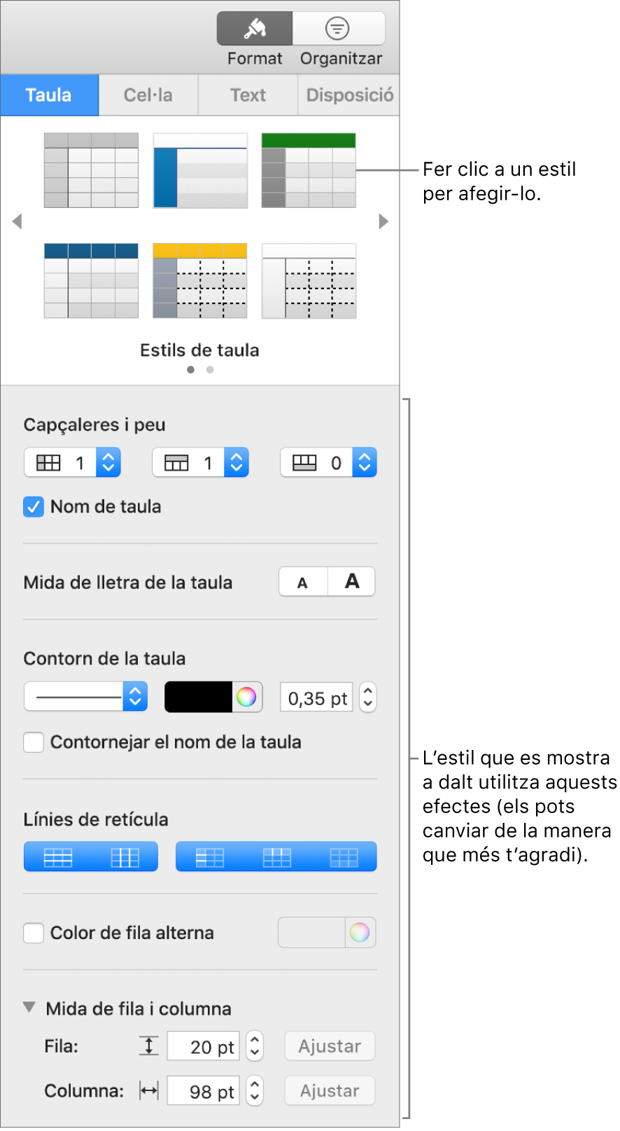 La barra lateral Format mostrant els estils de taula i les opcions de format.