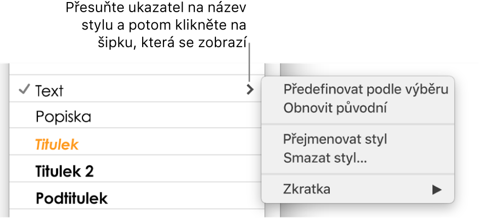 Nabídka Styly odstavců s otevřenou nabídkou zkratek.