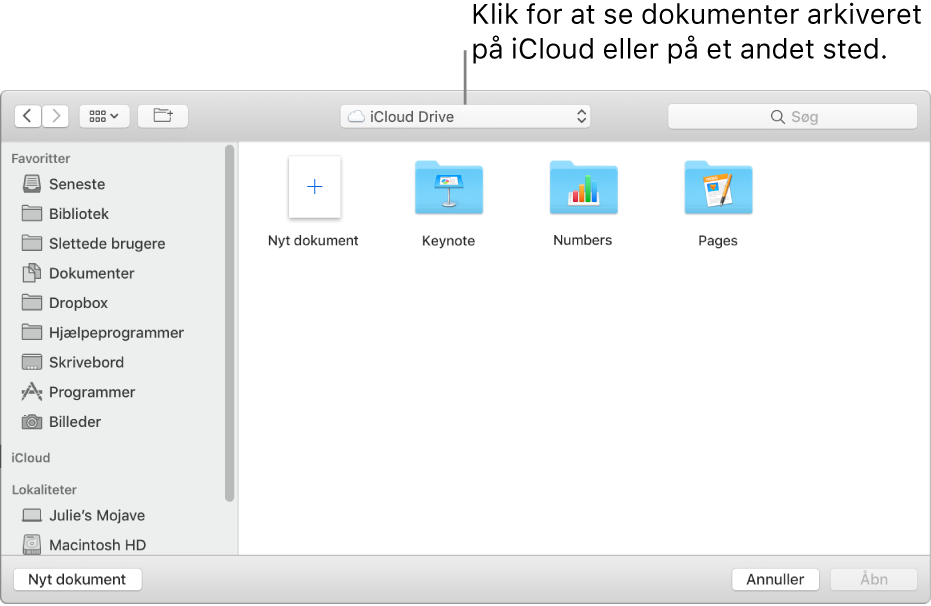 Dialogen Åbn med indholdsoversigten åben til venstre og iCloud Drive valgt på lokalmenuen øverst. Mapper til Keynote, Numbers og Pages vises i dialogen sammen med knappen Nyt dokument.