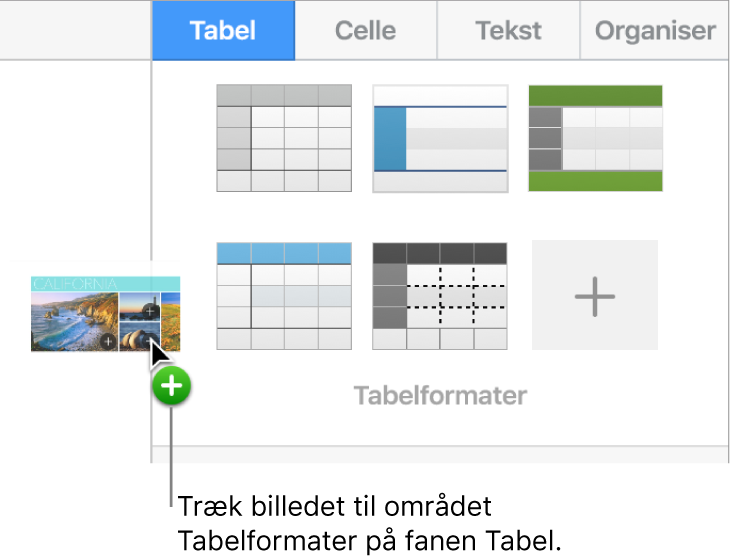 Et billede trækkes til tabelformaterne for at oprette et nyt format.