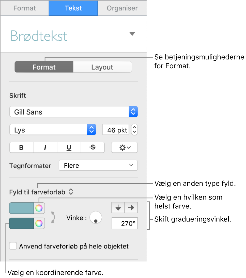 Indholdsoversigten Tekst, der viser, hvordan du ændrer farven på tekst.