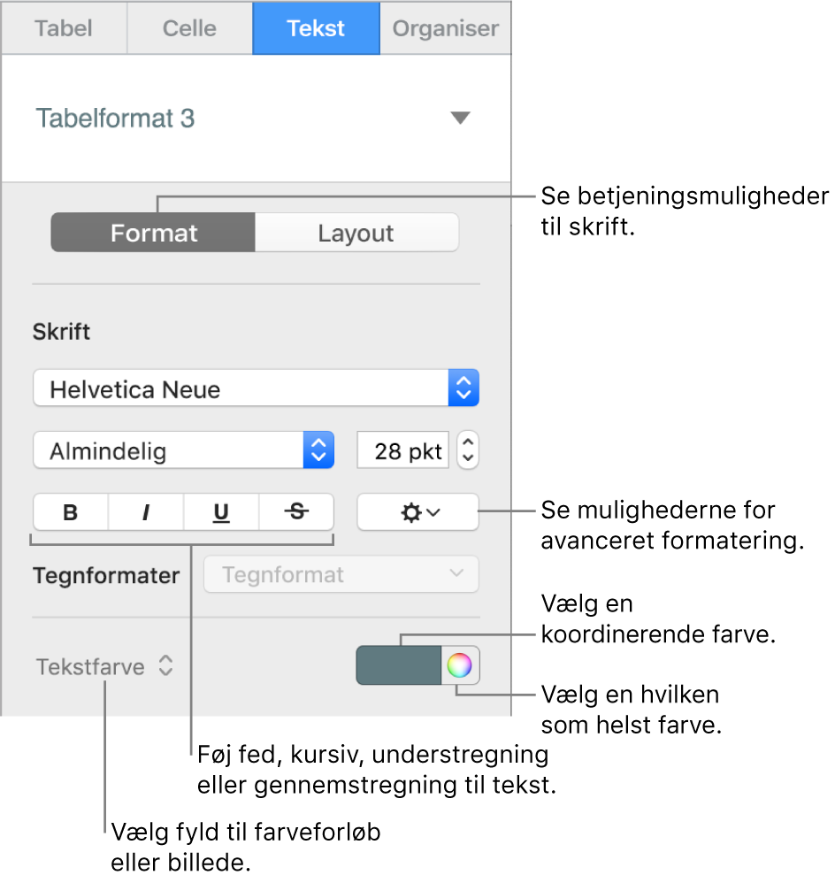 Betjeningsmulighed til formatering af tabeltekst.