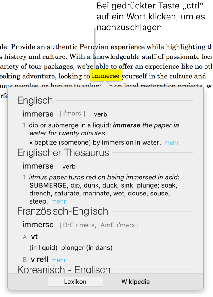 Text, in dem ein Wort hervorgehoben ist. Ein Fenster zeigt die Definition des Wortes und einen Thesaurus-Eintrag. Zwei Tasten unten im Fenster stellen Links zum Lexikon und zu Wikipedia bereit.