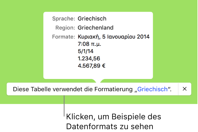 Die Mitteilung zur anderen Sprache und Region mit Beispielen der Formatierung in dieser Sprache und Region.