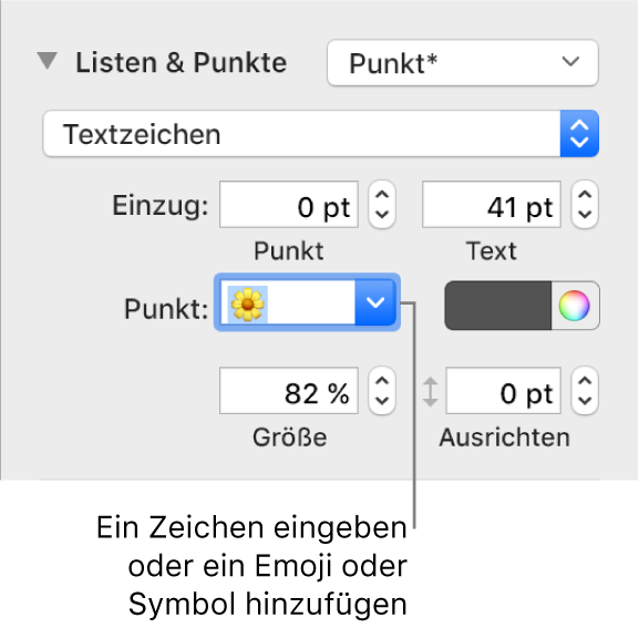Der Abschnitt „Zeichen & Listen“ der Seitenleiste „Format“. Im Feld „Zeichen“ ist ein Blumen-Emoji zu sehen.
