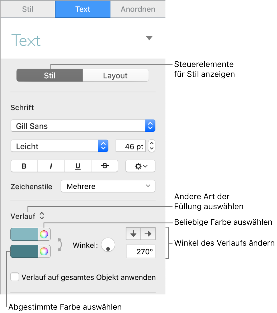 Seitenleiste „Text“, die zeigt, wie die Farbe des Texts geändert wird.