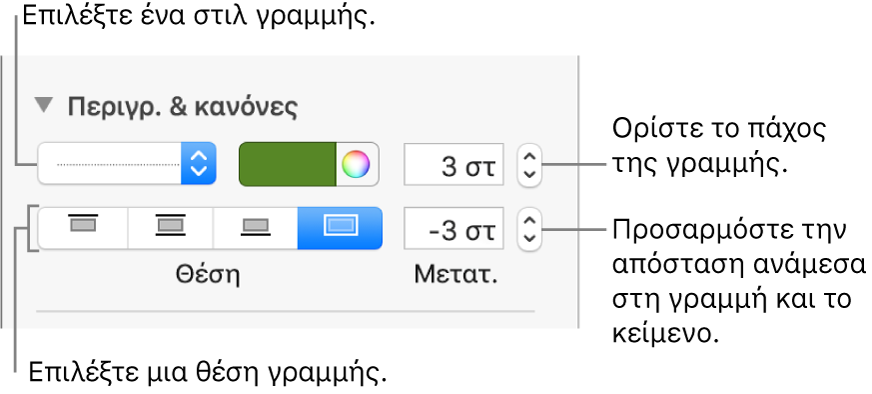 Χειριστήρια για την αλλαγή του στιλ, πάχους, θέσης και χρώματος γραμμής.