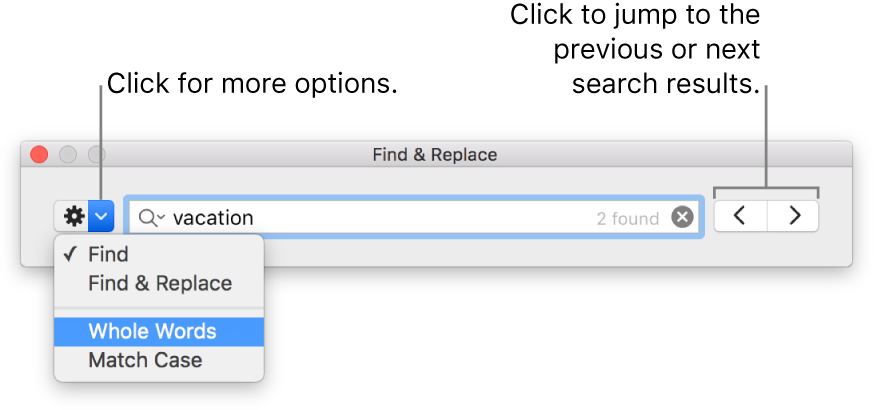 The Find & Replace window with call outs to the button to show options for Find, Find & Replace, Whole Words and Match Case. Arrows on the right let you jump to the previous or next search results.