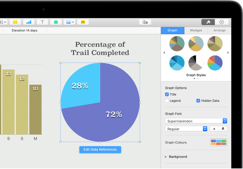 A pie graph showing percentages of tracks completed. The Format menu is also open, showing different graph styles to choose from, as well as options to turn the graph title or legend on or off, show hidden data, and edit the graph font, colours and background.