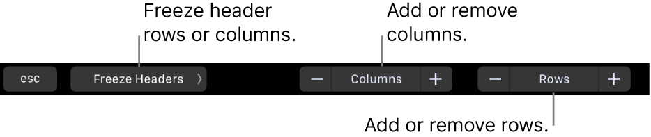 The MacBook Pro Touch Bar with controls for freezing header rows or columns, adding or removing columns, and for adding or removing rows.