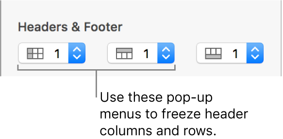 The pop-up menus for adding header and footer columns and rows to a table, and for freezing header rows and columns.