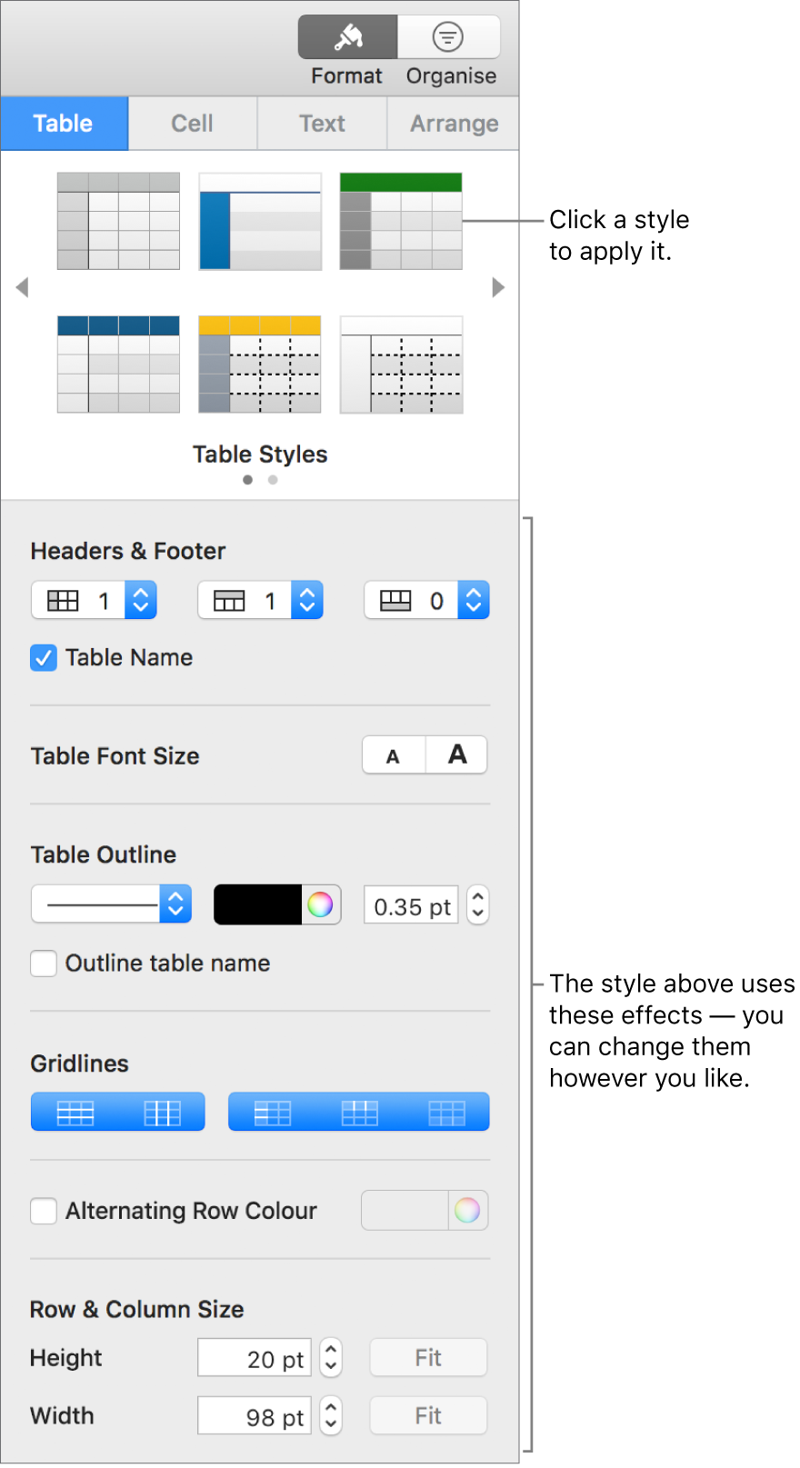 The Format sidebar showing table styles and formatting options.
