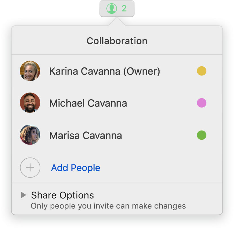 The Collaboration menu showing the names of people collaborating on the spreadsheet. Share options are below the names.
