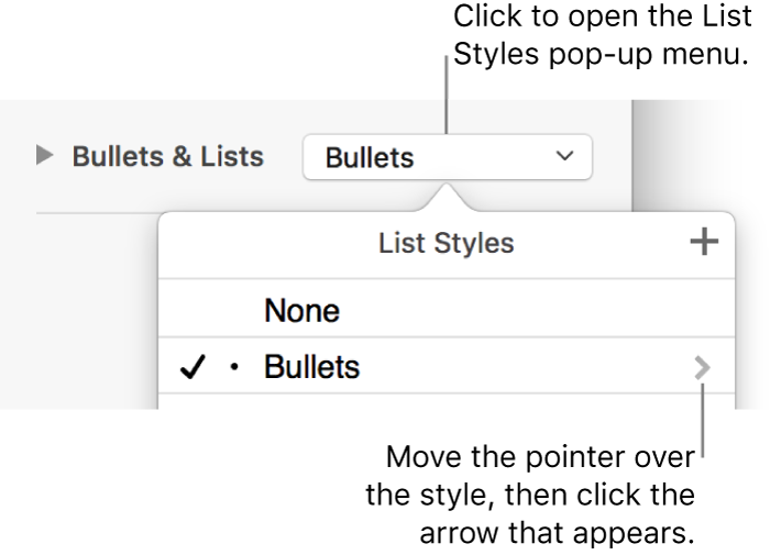 The List Styles pop-up menu with one style selected and an arrow to its far right.