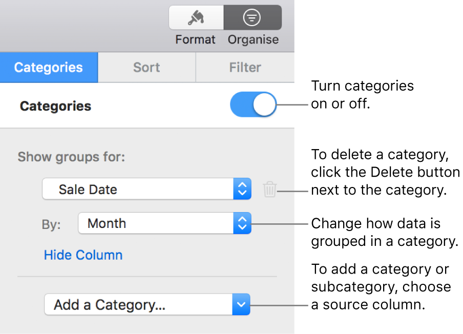 The categories sidebar with options for turning categories off, deleting categories, regrouping data, hiding a source column and adding categories.