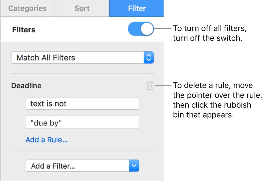 Controls for deleting a filter or turning all filters off.